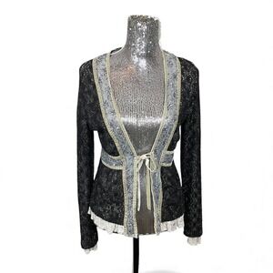 Whimsigoth Lace Crochet Velvet Trim Beaded Tie Front Peplum Jacket Medium Fairy